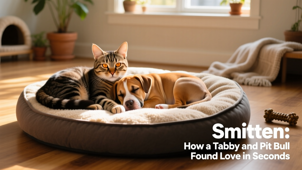 Motor and Lottie sleeping together on a soft, oversized dog bed indoors