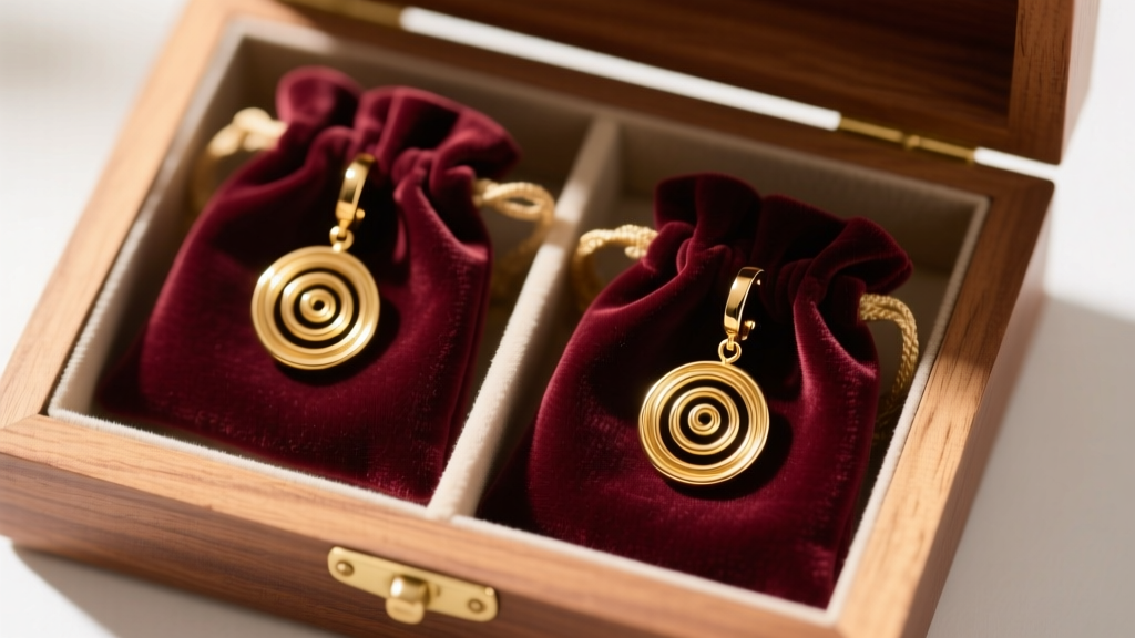 Two gold spiral drop earrings stored separately in individual soft velvet pouches inside a lined wooden jewelry box, top-down view.