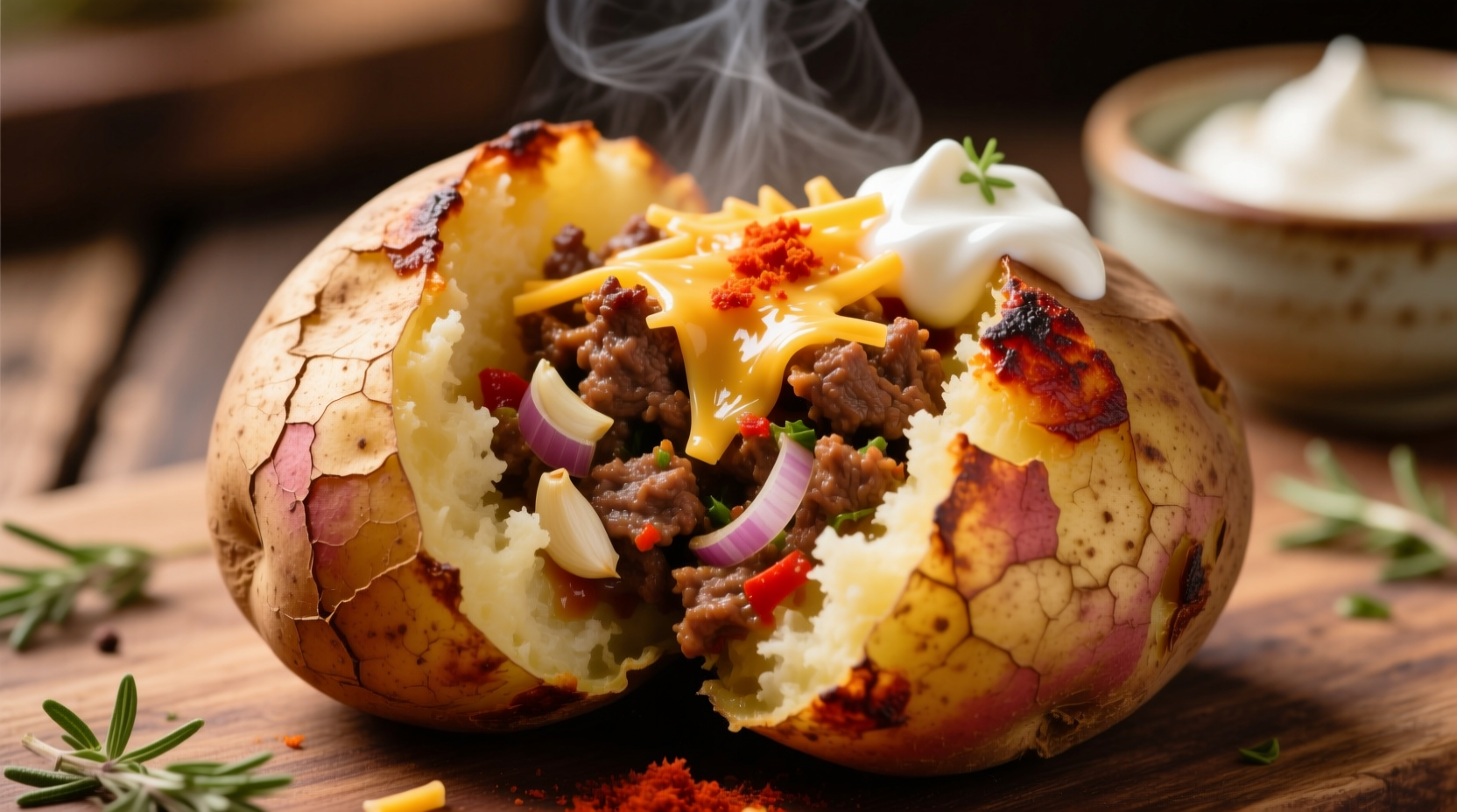 baked potato topped with savory ground beef