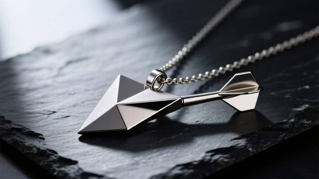 Close-up of a brushed titanium Jackson dart necklace pendant on dark slate, highlighting its sleek, aerodynamic geometric shape.