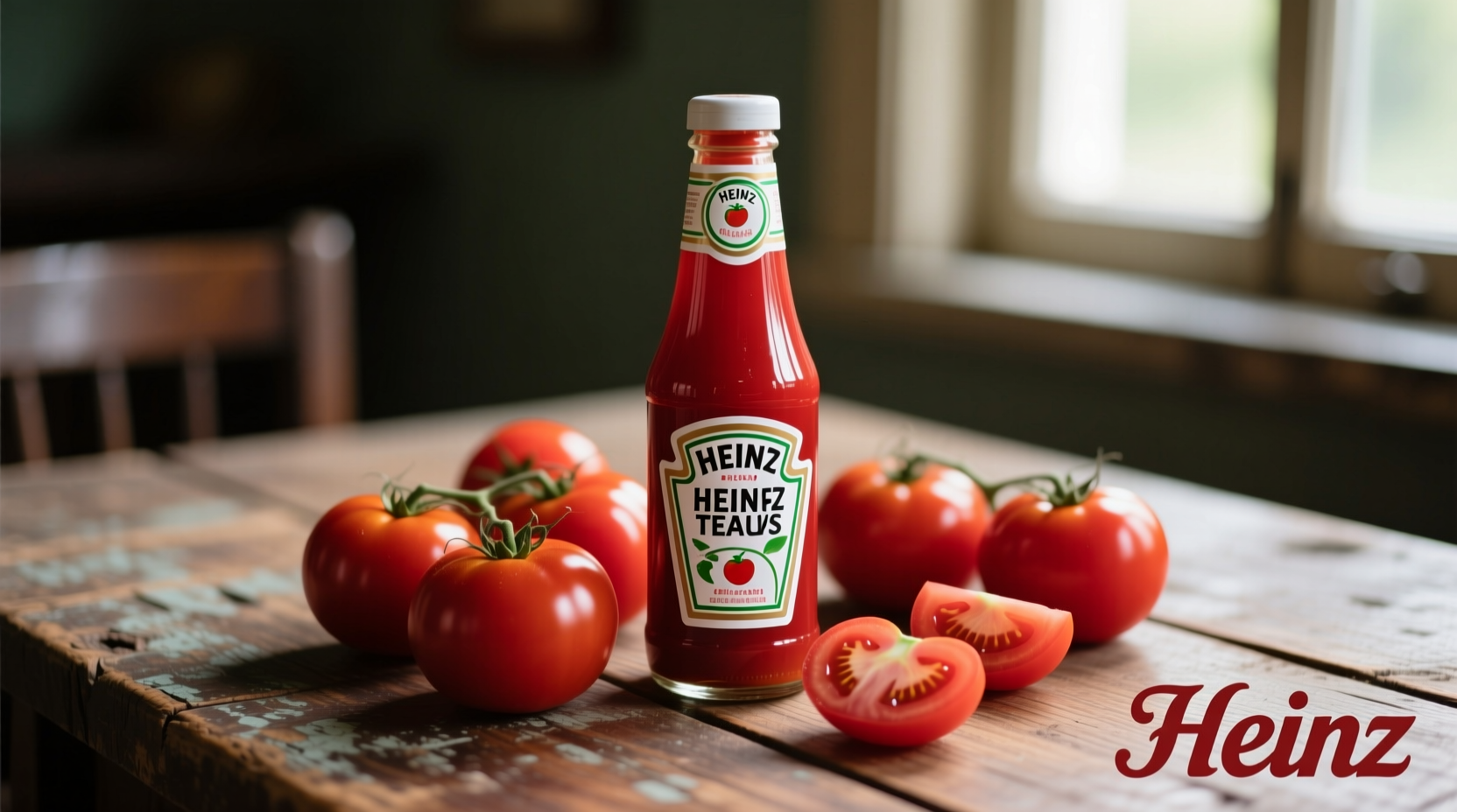Heinz ketchup bottle on wooden table with tomatoes
