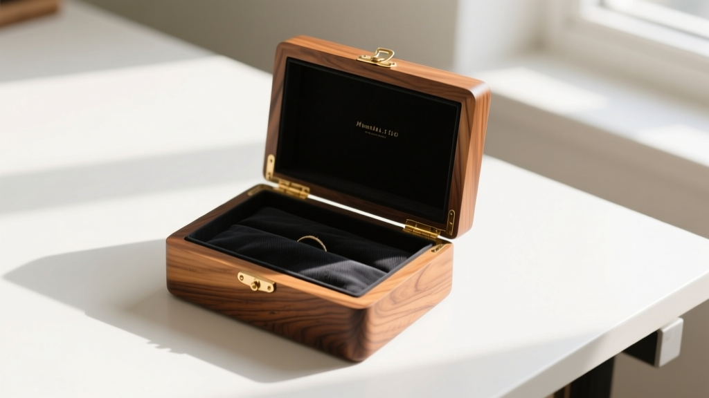 Overhead view of a handcrafted walnut jewelry box with charcoal anti-tarnish Pacific cloth lining, resting on a clean workbench.