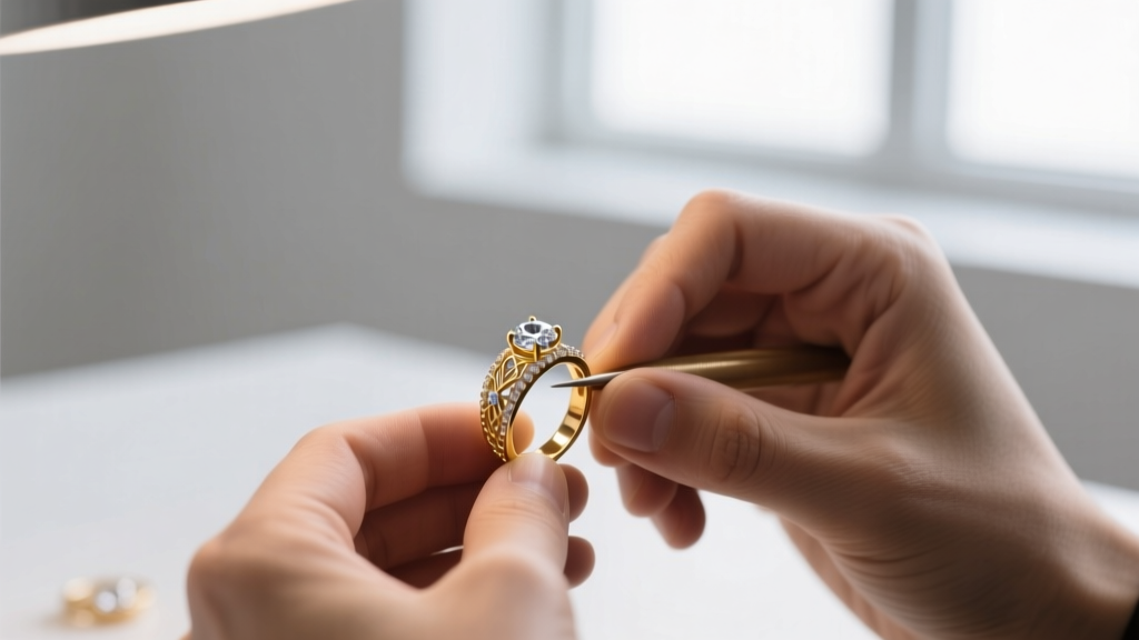 Jeweler's loupe inspecting a 2-carat round brilliant diamond in a platinum cathedral setting under bright focused studio lighting.
