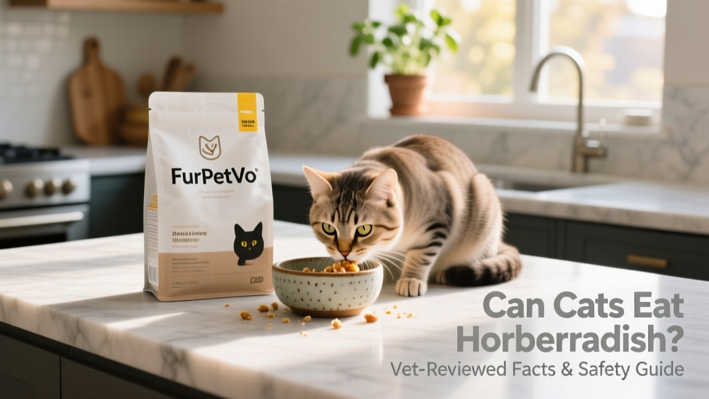 FurPetVo branded cat food packaging on a clean kitchen counter, next to a happy cat eating from a ceramic bowl