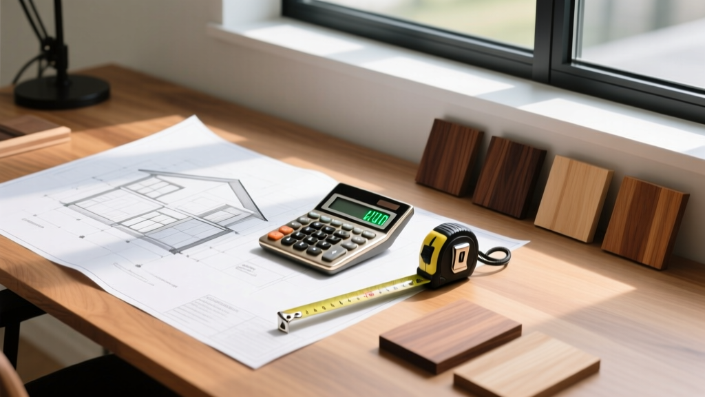 Blueprints on a desk with a calculator, tape measure, and wood samples for a modern residential home construction project.