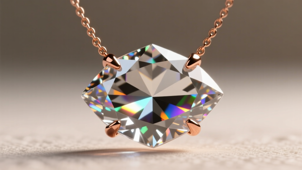 Macro shot of marquise crystal slide on lariat necklace, showing bronze prong settings and light refraction through faceted glass.