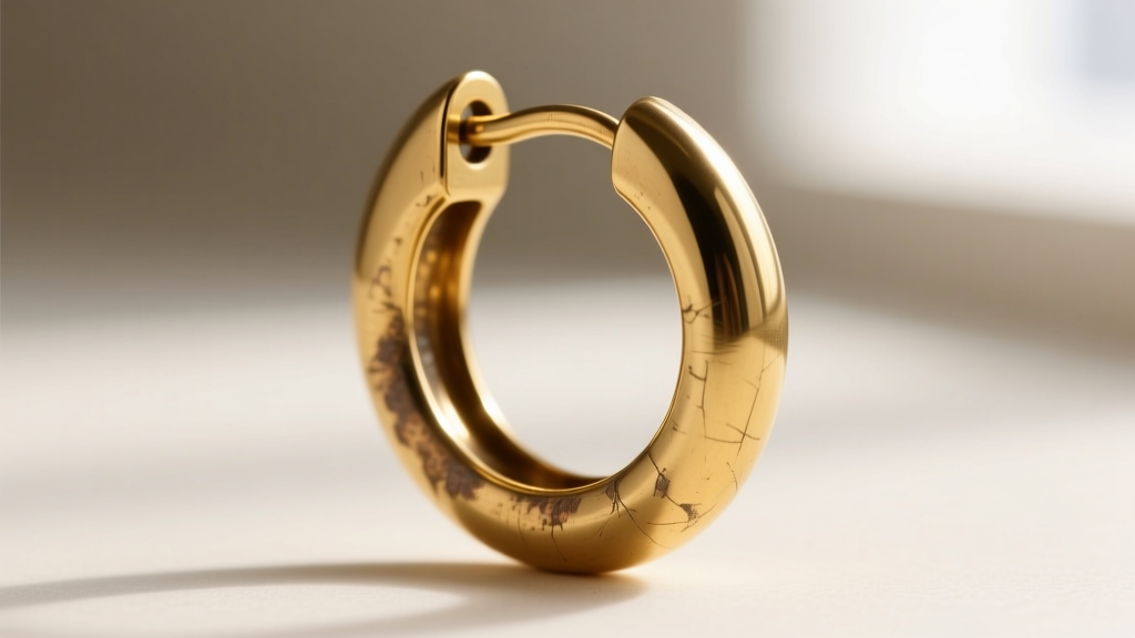 Macro shot of a gold-plated brass hoop earring clasp showing minor wear and the underlying base metal at the hinge joint