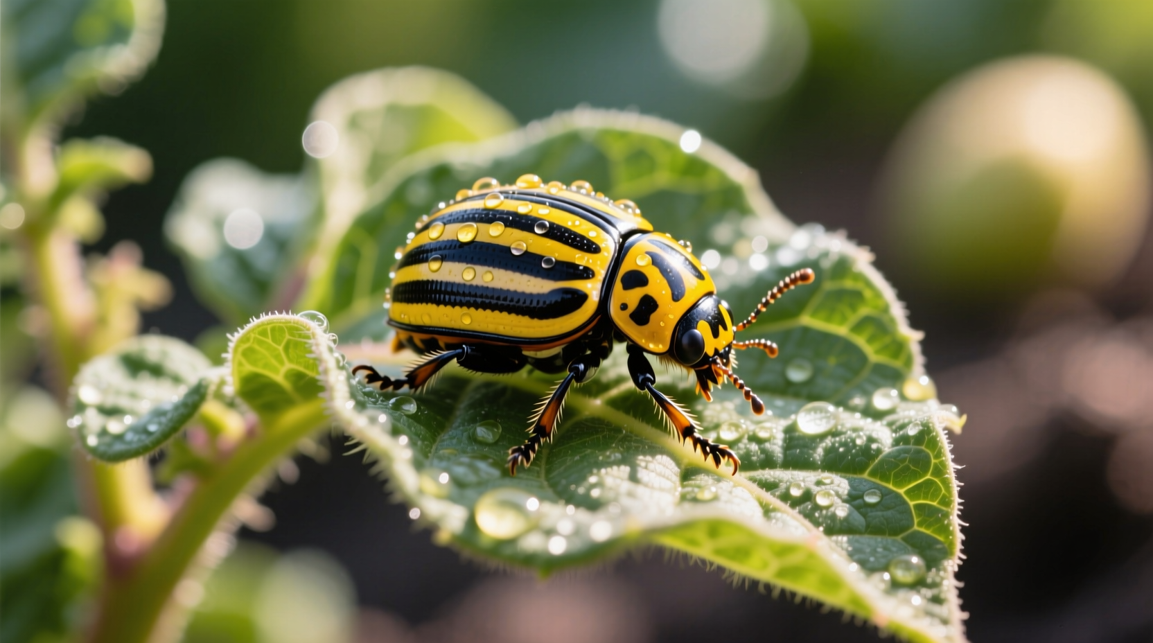 Colorado potato beetle on potato leaf showing distinctive stripes