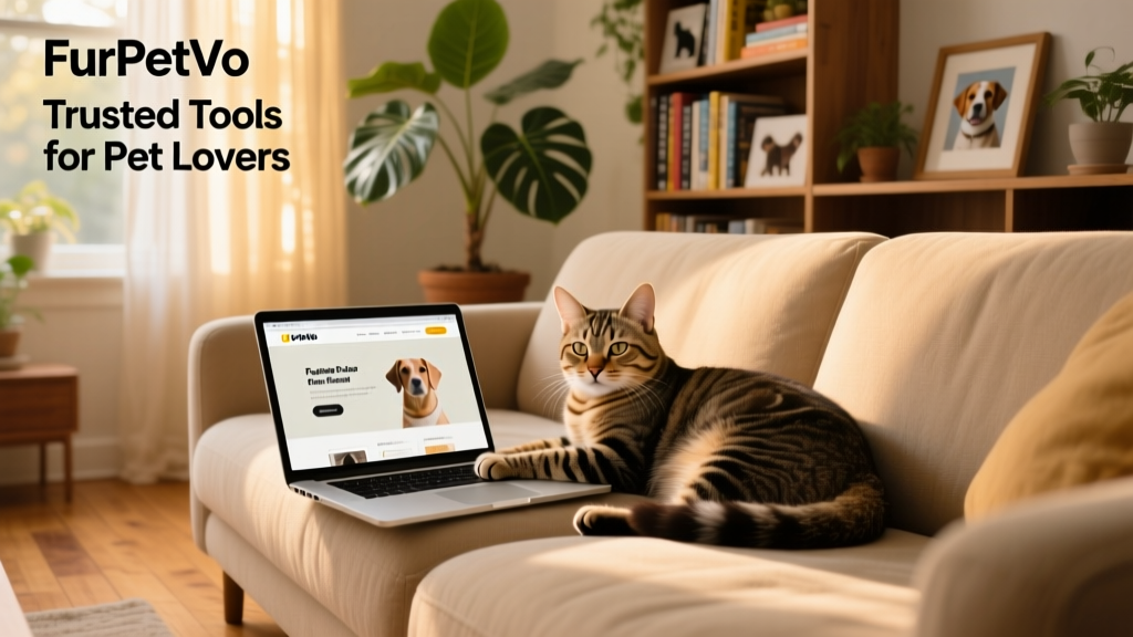 A cozy living room scene with a relaxed cat napping on a sofa beside a laptop open to the FurPetVo website