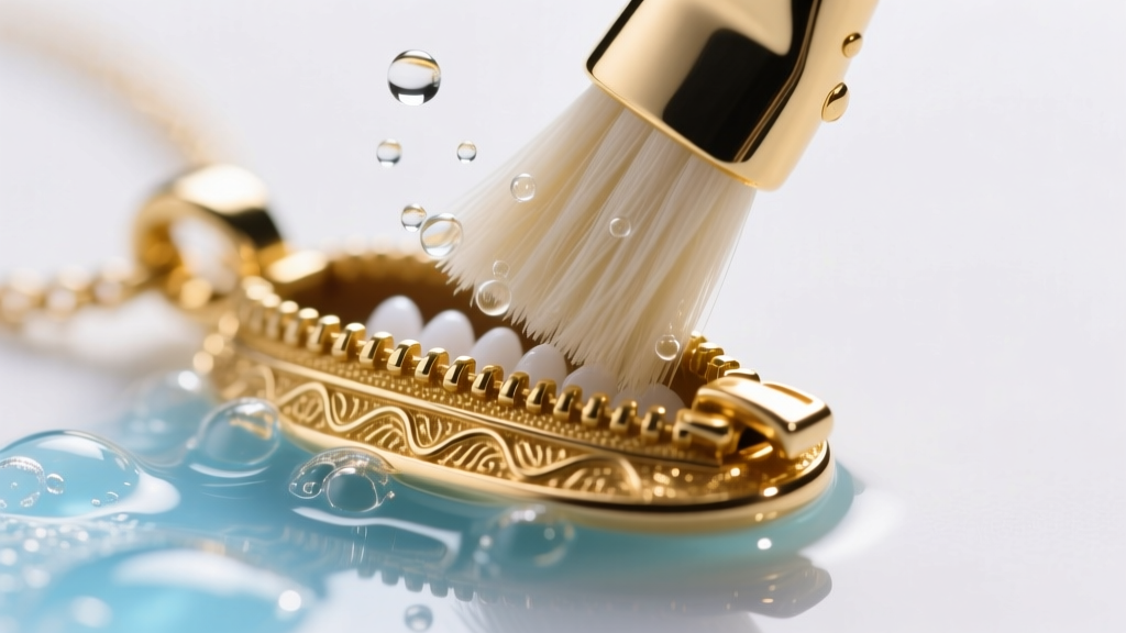 Macro photography of a soft bristle brush gently cleaning the intricate teeth of a gold vermeil zipper pendant in soapy water
