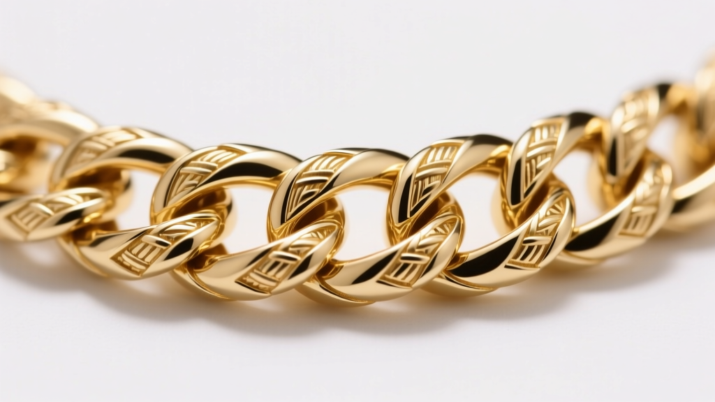 Macro shot of intricate V-shaped scale links on an 18k gold shark chain, highlighting woven metalwork.