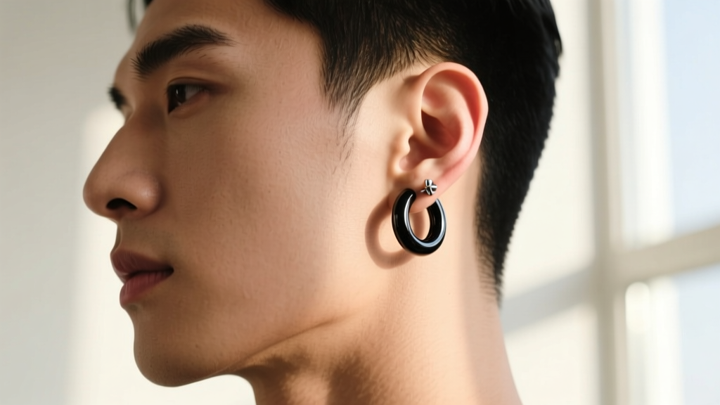 Side profile of a male model with a helix piercing featuring a 16-gauge titanium black PVD coated clicker circle hoop earring