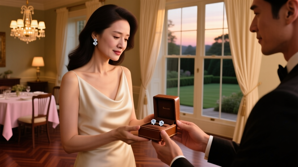 Woman receiving a leather box with princess cut stud earrings for an anniversary, set in a warm, romantic dining room background.