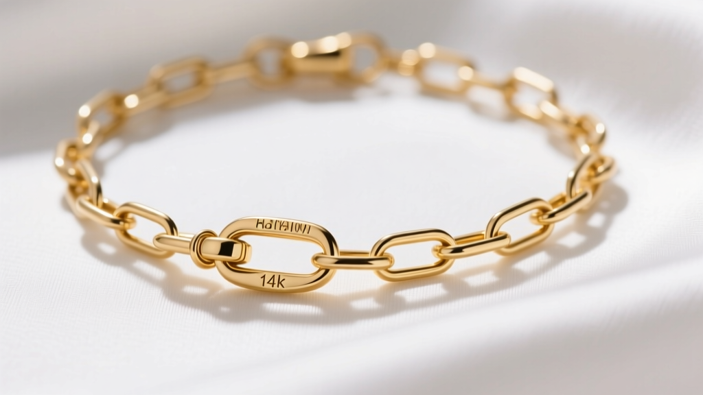 Macro shot of 14k gold-filled paperclip chain necklace on white silk, highlighting the lobster clasp and stamped metal hallmarks