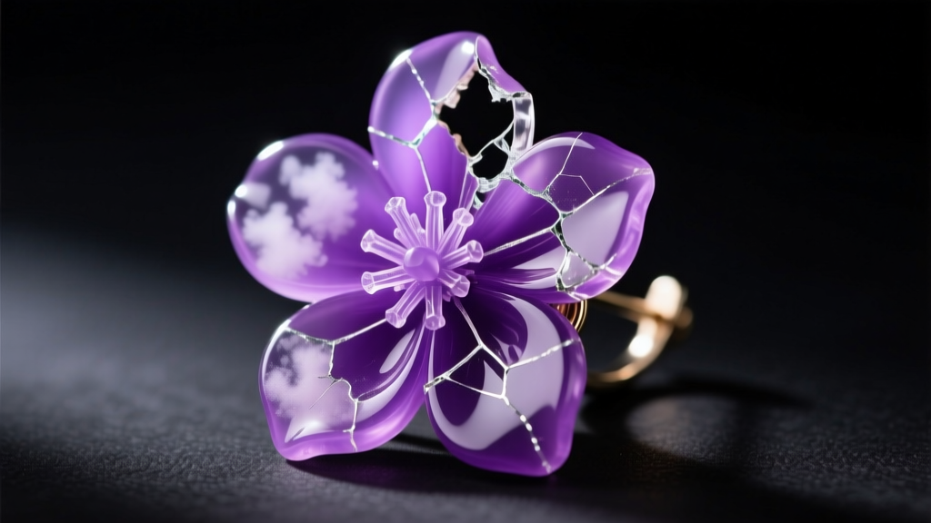 Macro shot of a damaged purple resin flower earring with micro-fractures and cloudiness caused by improper ultrasonic cleaning