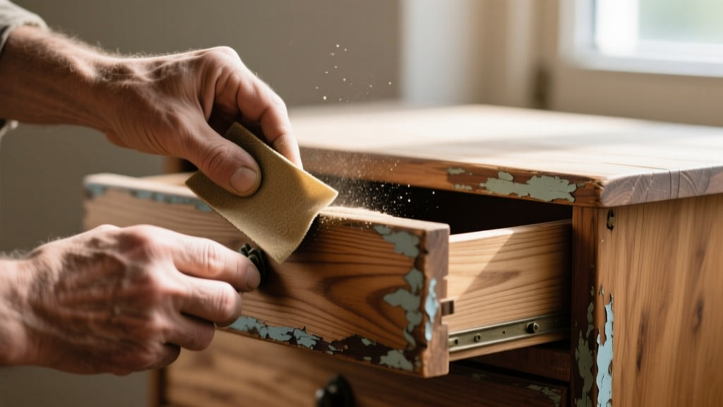 Hands using 220-grit sandpaper on a standing wooden jewelry box drawer, revealing raw light oak grain beneath old peeling varnish