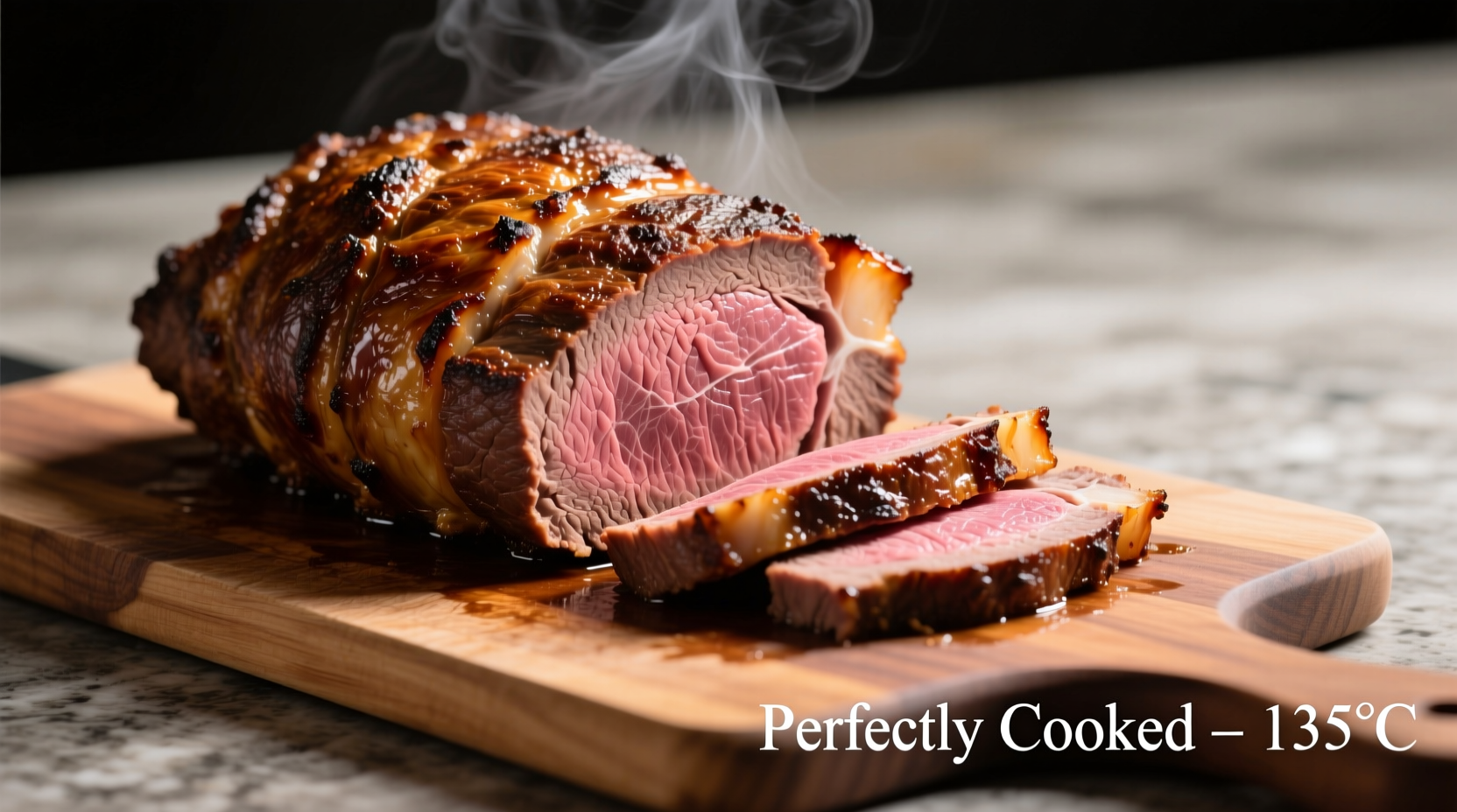 Perfectly cooked beef top round roast with golden crust