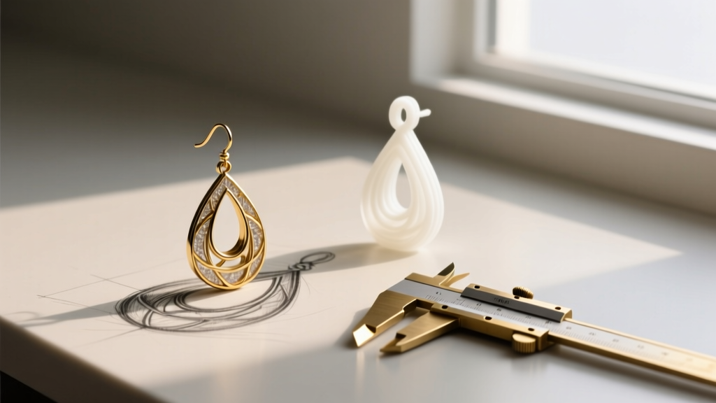 Pencil sketch of a complex drop earring resting beside a 3D printed wax model and brass calipers on a jeweler