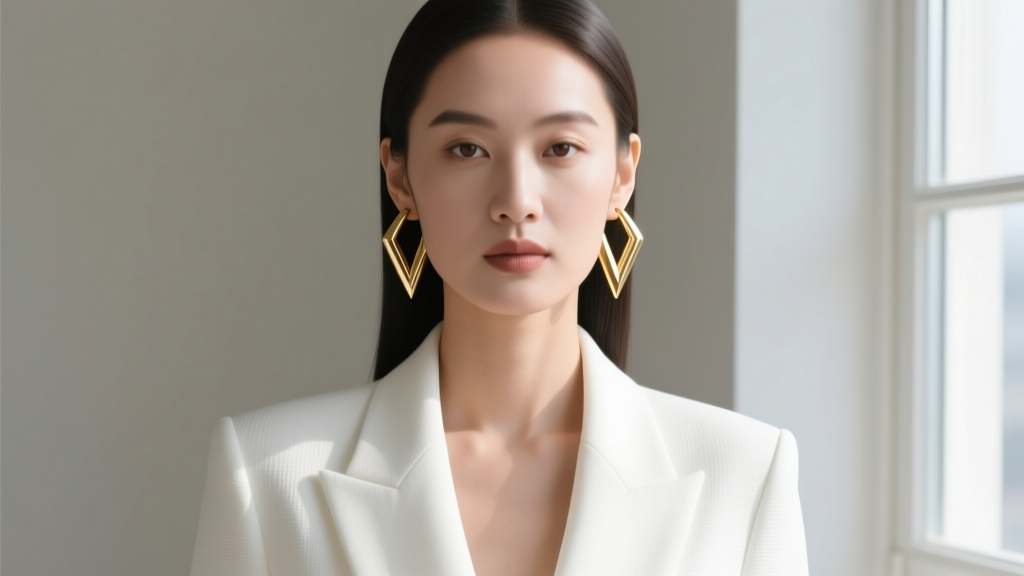 Editorial portrait of a woman with an oval face styling medium gold V-logo hoop earrings with a crisp, tailored white blazer.