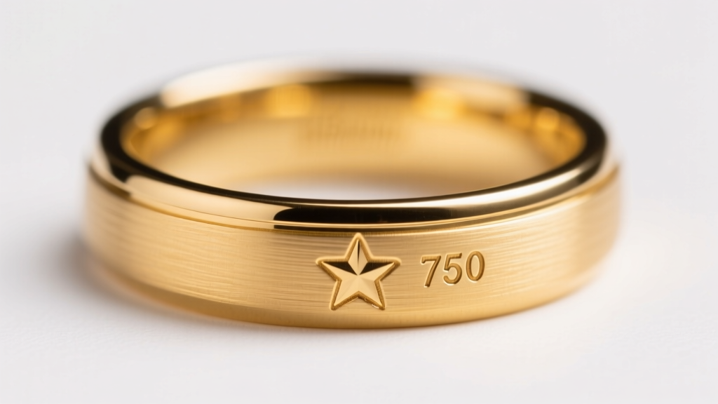 Macro shot of 18k yellow gold ring shank showing crisp Italian star hallmark and 750 purity stamp under bright studio lighting.