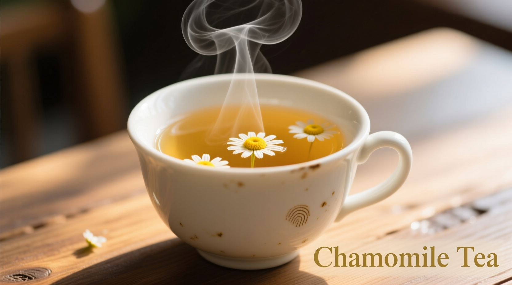 Close-up of golden chamomile tea in a white ceramic cup