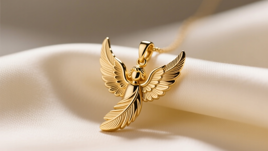 Close-up of a delicate 14k solid gold necklace angel pendant with intricate feather detailing resting on cream silk fabric