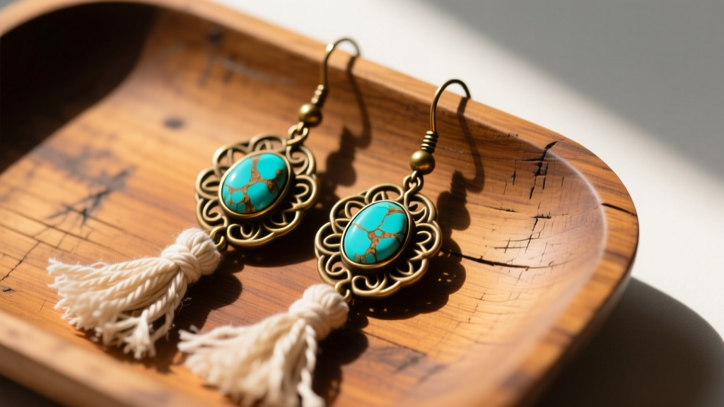 Close-up of boho dangle earrings with oxidized brass, raw turquoise stones, and cotton macrame resting on a rustic wooden tray.