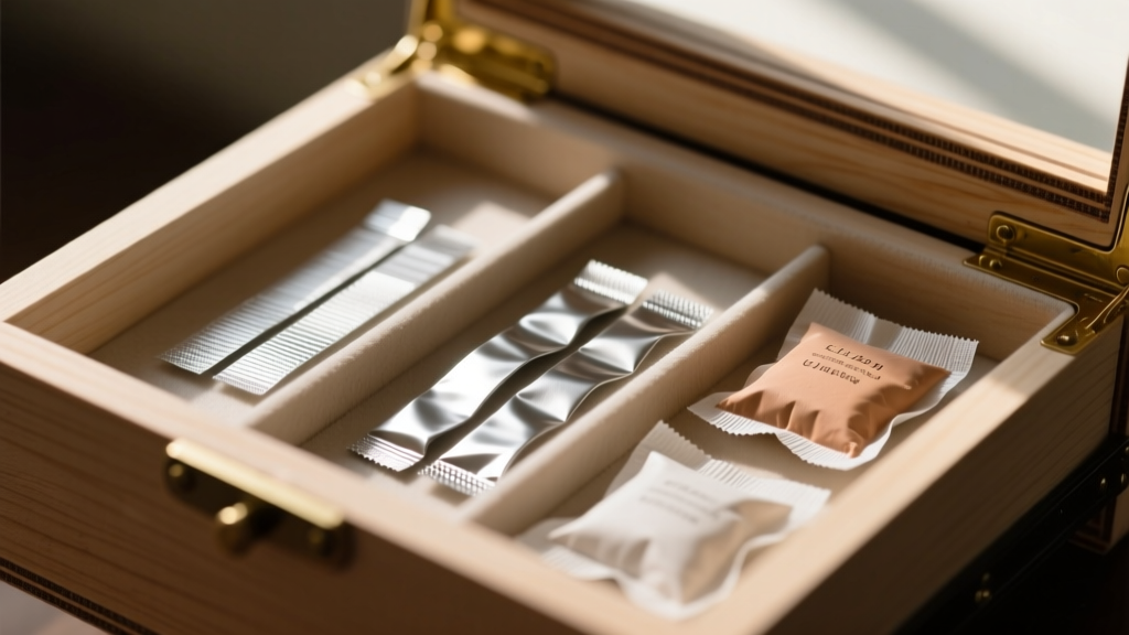 Anti-tarnish strips and clay desiccant packets inside a modified MDF jewelry box drawer, macro lens, sharp focus, warm light