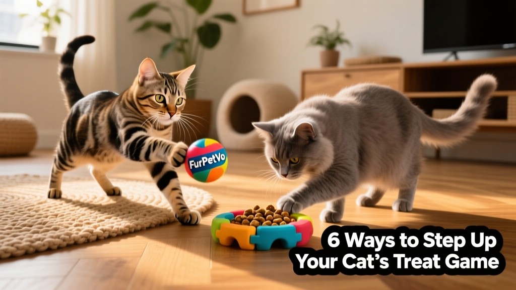 Two cats playing side-by-side—one batting a FurPetVo treat ball, the other investigating a treat-filled puzzle toy