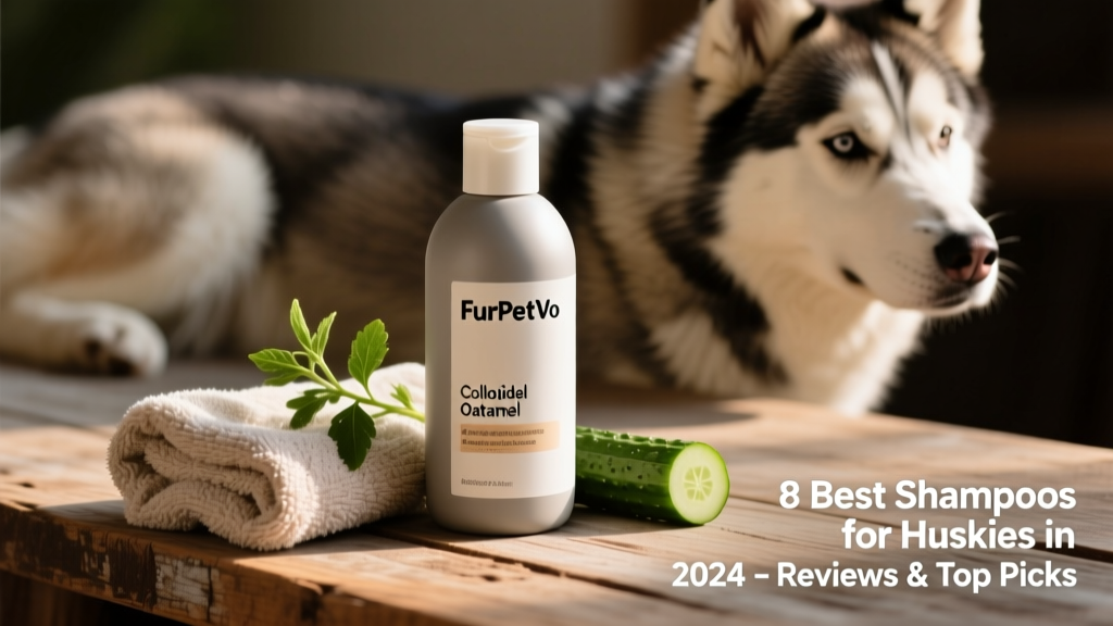 Bottle of FurPetVo Colloidal Oatmeal Shampoo beside a soft washcloth and sprig of cucumber