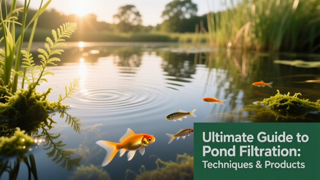 Close-up of clear pond water with visible aquatic plants and small fish swimming near the surface