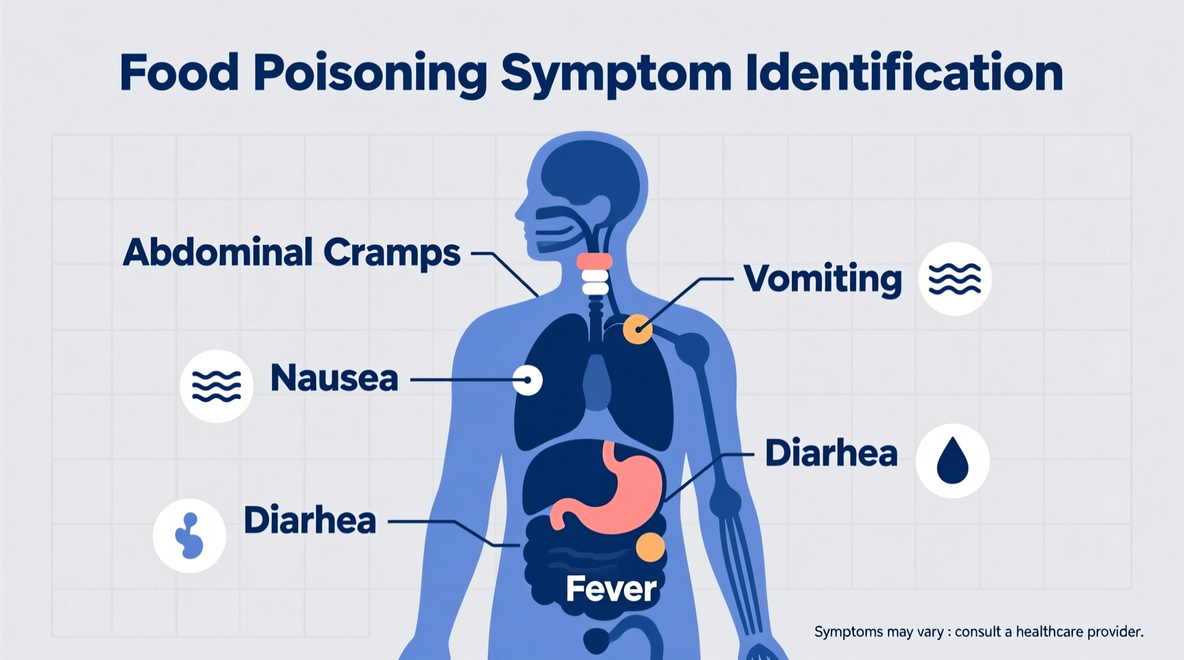 Food poisoning symptom identification chart showing common symptoms