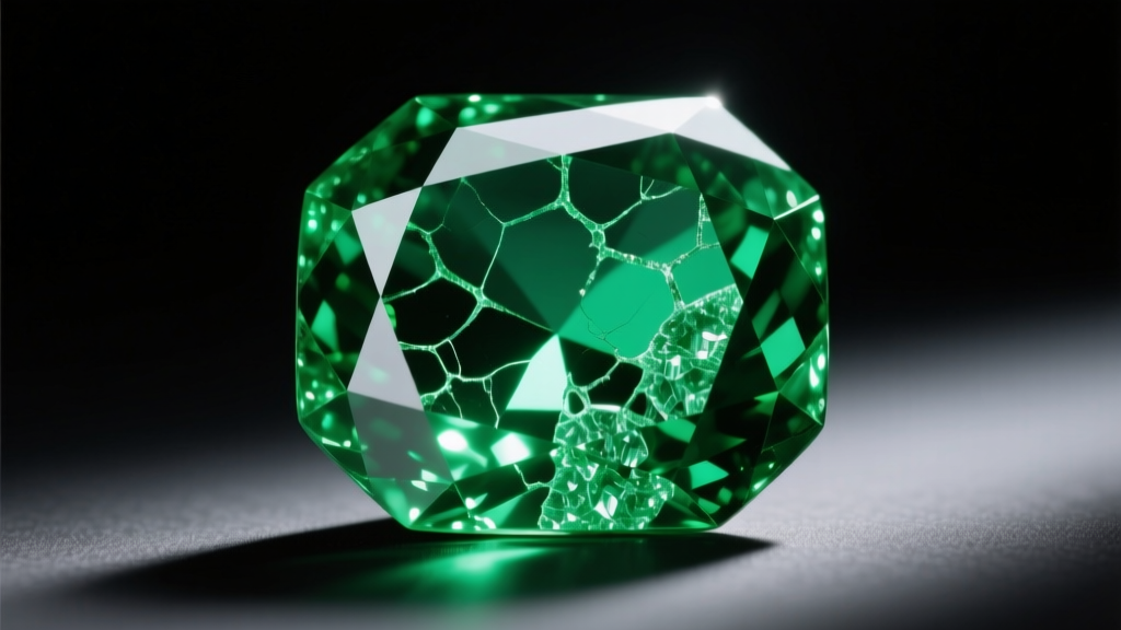 Extreme close-up of a green emerald showing internal fracture lines and oil inclusions under a bright, harsh jewelry spotlight.