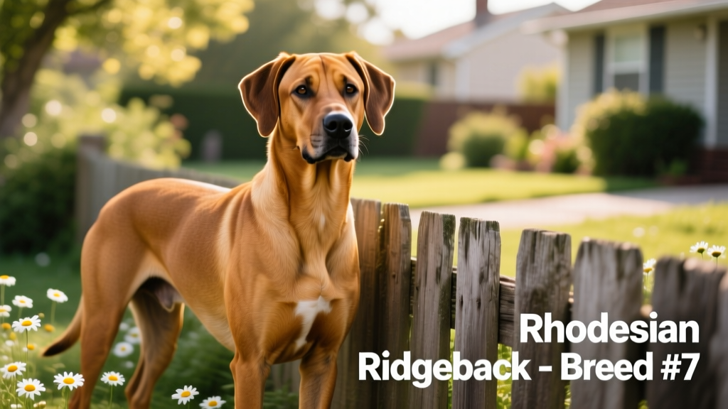 A tan Rhodesian Ridgeback standing proudly beside a wooden fence, ridge clearly visible along its back