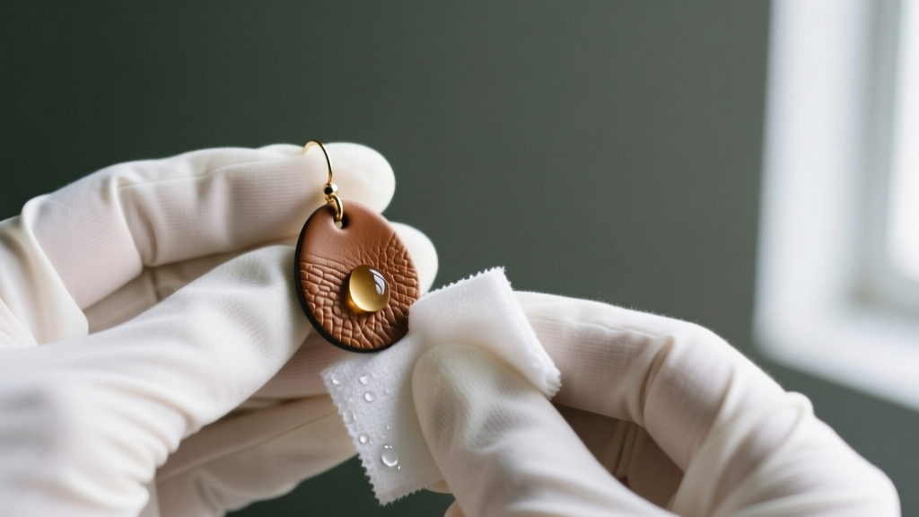 Hands in white cotton gloves gently wiping a textured brown faux leather earring with a damp microfiber cloth and mild soap
