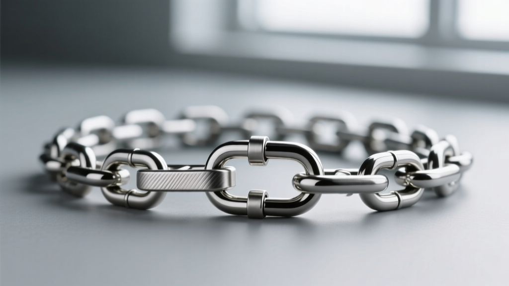 Macro shot of a surgical steel chest chain link, showing a brushed finish and secure lobster clasp on a neutral backdrop.