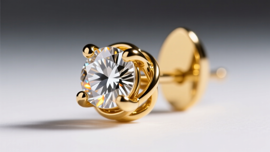 Close-up of four-prong basket setting securing a round diamond on a gold drop earring, highlighting prong tension and metal polish