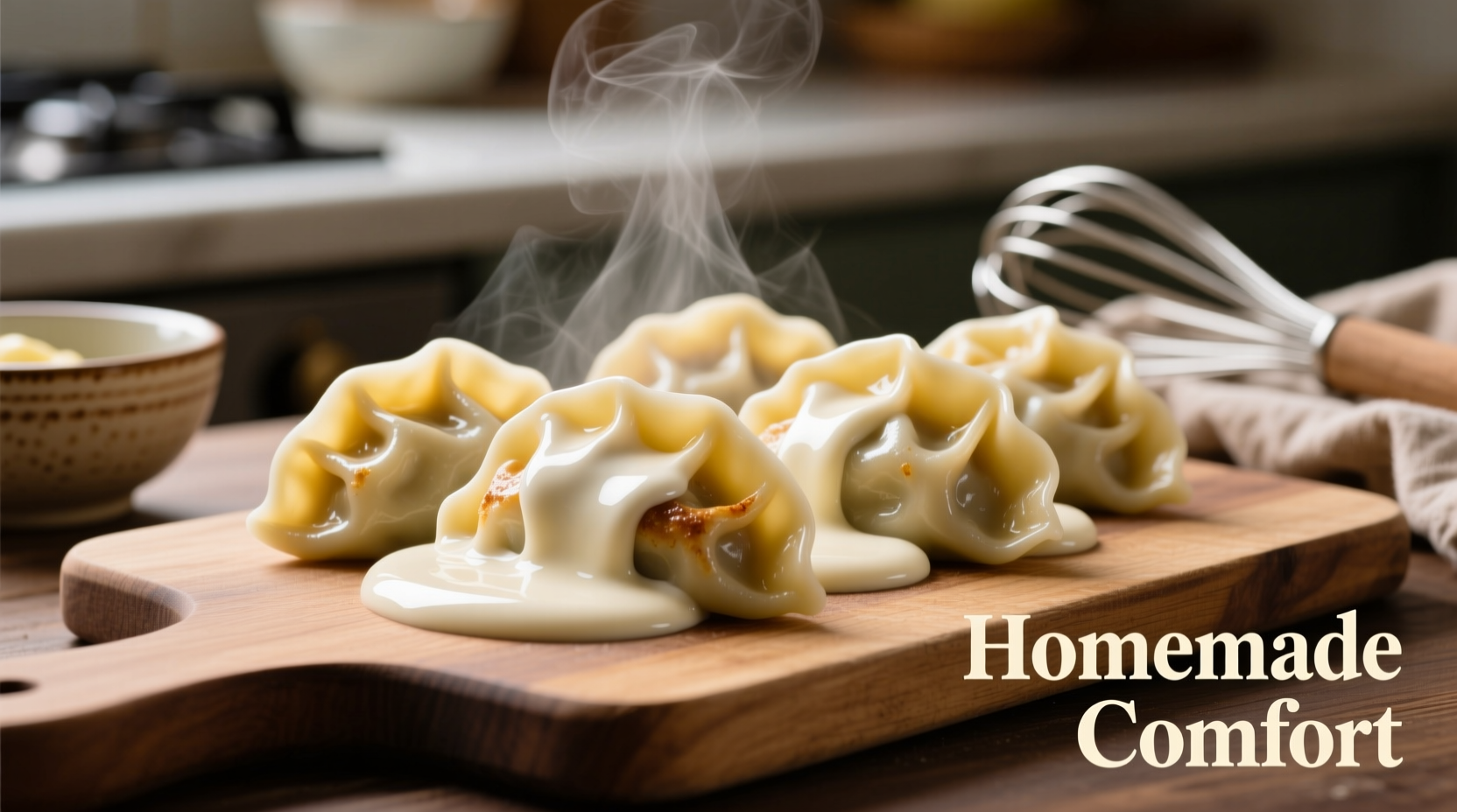 Creamy potato sauce drizzled over dumplings