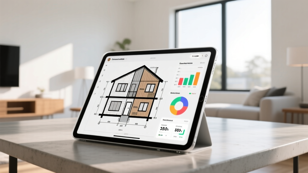 Architectural blueprint overlaid with a digital tablet displaying a size and scope cost calculator for a two-story residential home