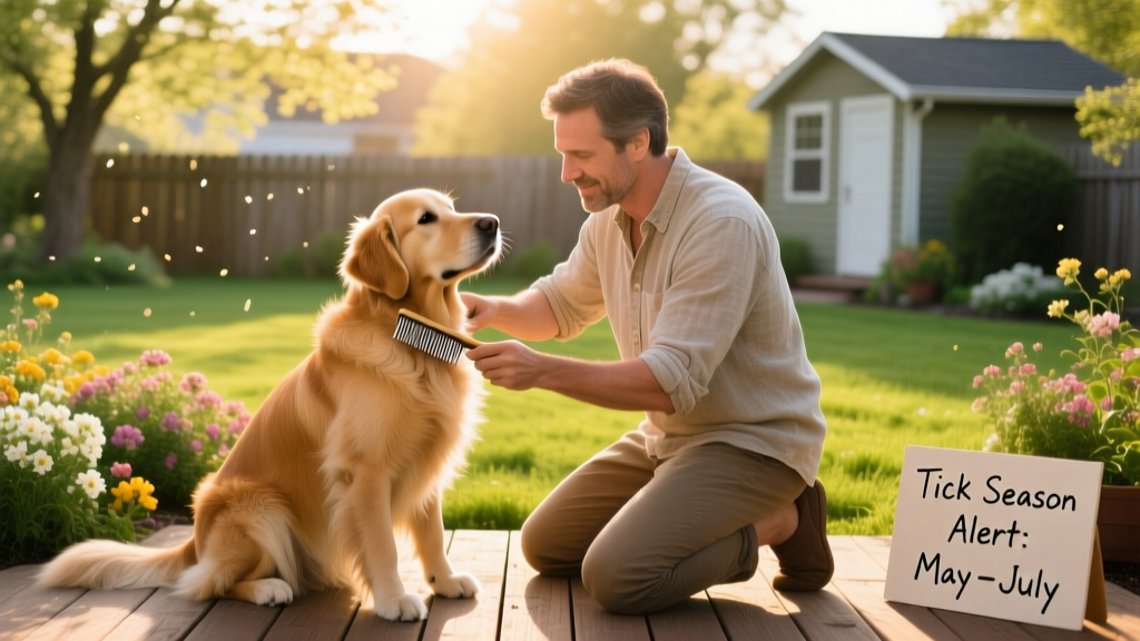 Pet owner checking a dog's coat for ticks using a fine-tooth comb in a sunlit backyard