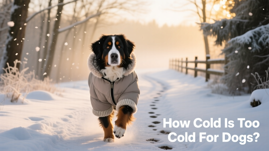 A dog wearing a cozy insulated coat walking on a snowy path with light snow falling