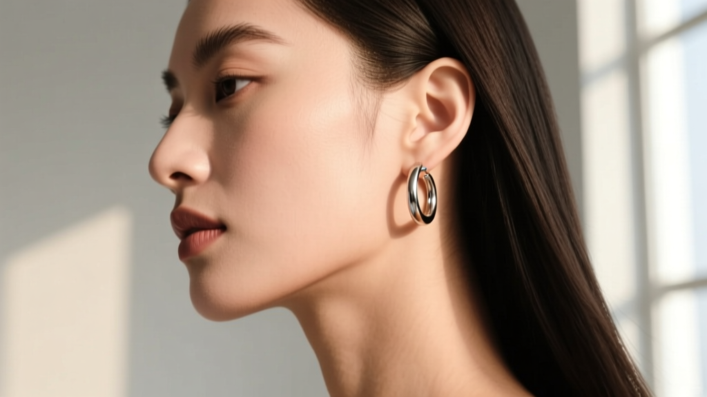 Side profile of a model wearing lightweight titanium 35mm hoop earrings, showing proper clearance between jawline and metal