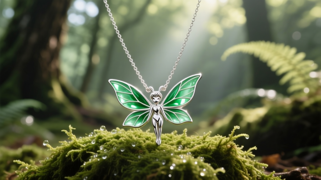 Sterling silver Tinkerbell necklace on moss, showing translucent green enamel wings under soft, diffused natural forest lighting.