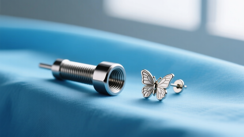 Macro shot of internally threaded 16-gauge titanium labret post beside a standard butterfly back earring on a sterile blue drape