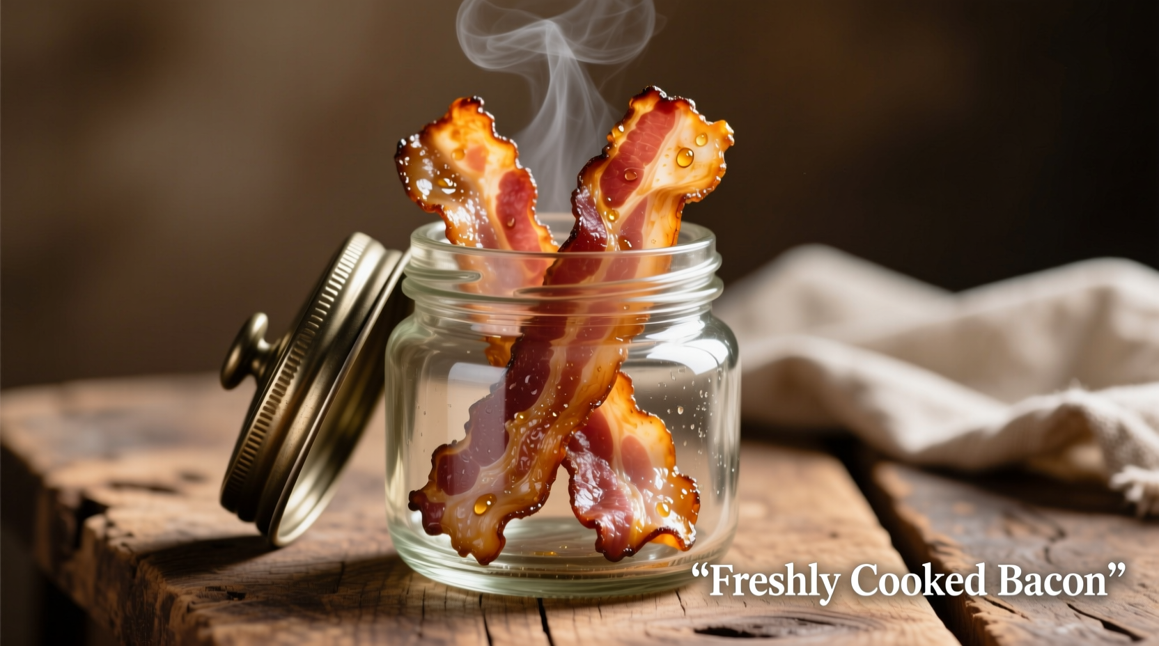 Cooked bacon stored in glass container with lid