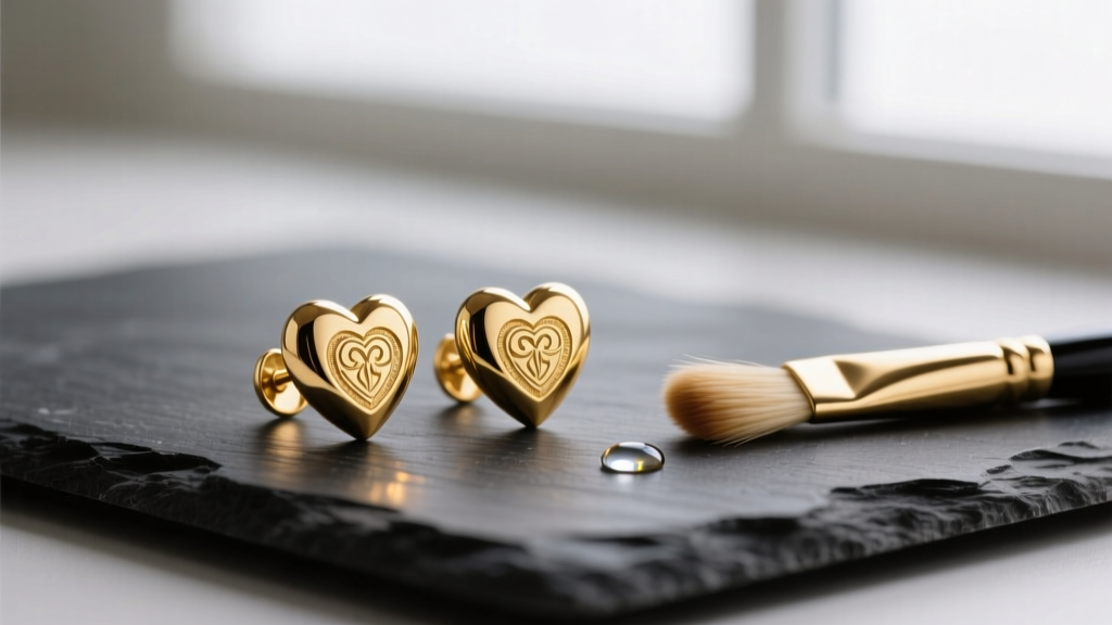 Macro photography of 18k solid gold heart shape earrings on dark slate, with a soft-bristled jewelry brush and mild soapy water nearby