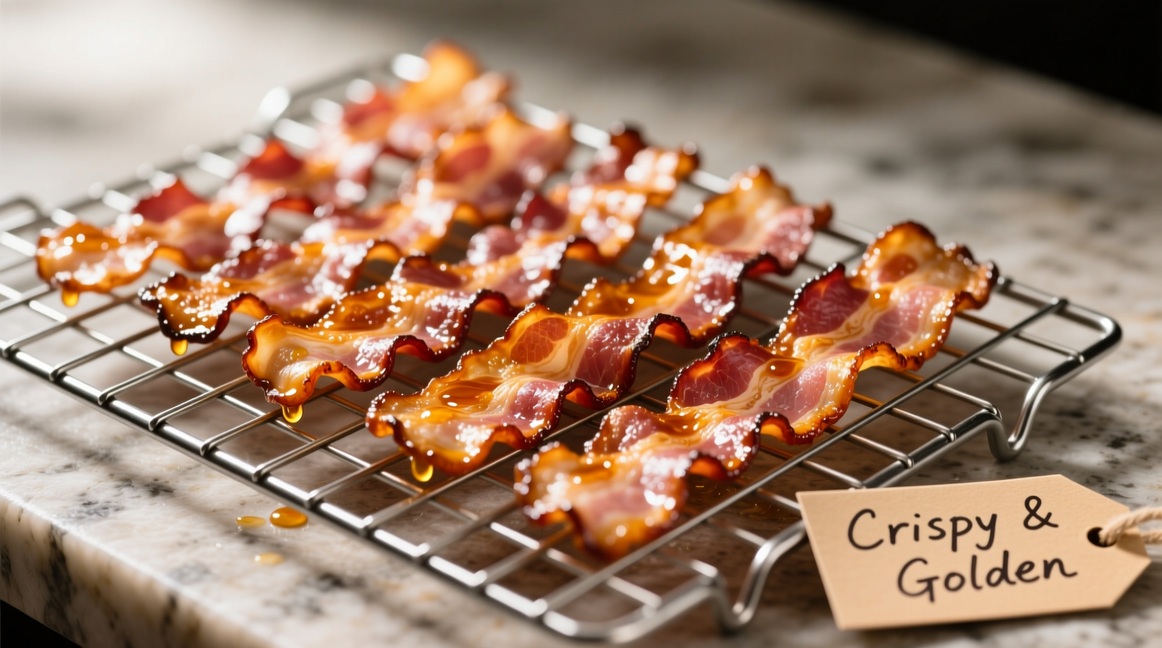 Perfectly cooked bacon strips on wire rack