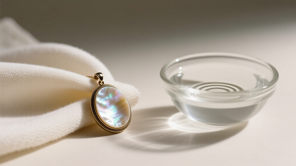 Soft microfiber cloth wiping a vintage mother of pearl pendant next to a small glass bowl of distilled water and mild soap.
