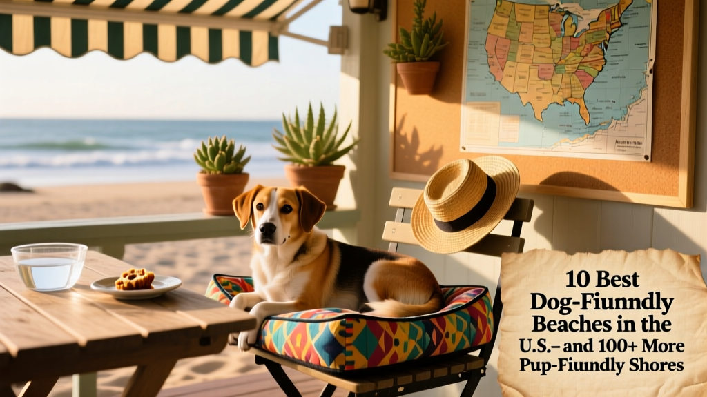 A relaxed mixed-breed dog resting on a colorful travel dog bed beside an outdoor café table with a water bowl and shaded seating