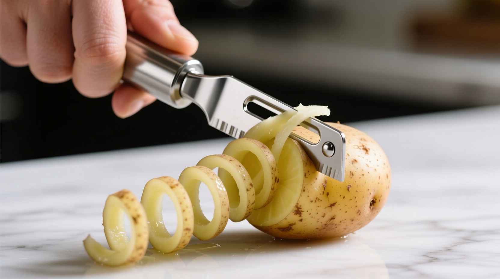Hand using spiral potato cutter on firm vegetable